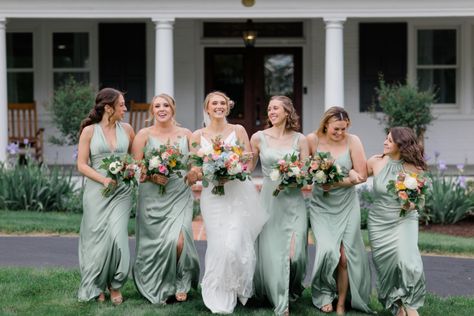 Sage green bridesmaids dress and vibrant, bright and colorful floral bouquets with peonies, daisies, hydrangeas, eucalyptus, roses Eucalyptus Green Bridesmaid Dresses, Sage Green Bridesmaid Dresses Mismatched, Green Bridesmaid Dresses Spring, Bouquets With Peonies, Sage Green Bridesmaids, Mismatched Green Bridesmaid Dresses, Green Spring Wedding, Outdoor Spring Wedding, Elegant Spring Wedding