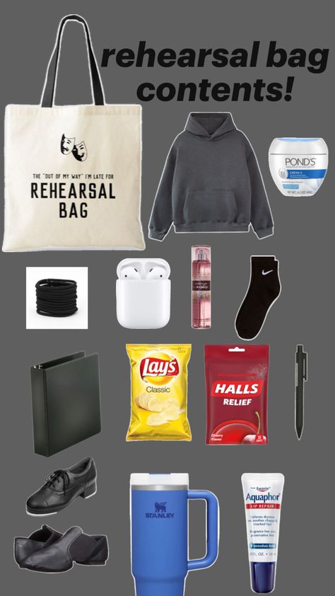 contents of a rehearsal bag Percy Jackson Costume, Musical Rehearsal, Theatre Rehearsals, Middle School Essentials, Theater Kid Problems, Theatre Outfit, Acting Auditions, Theatre School, Artsy Aesthetic