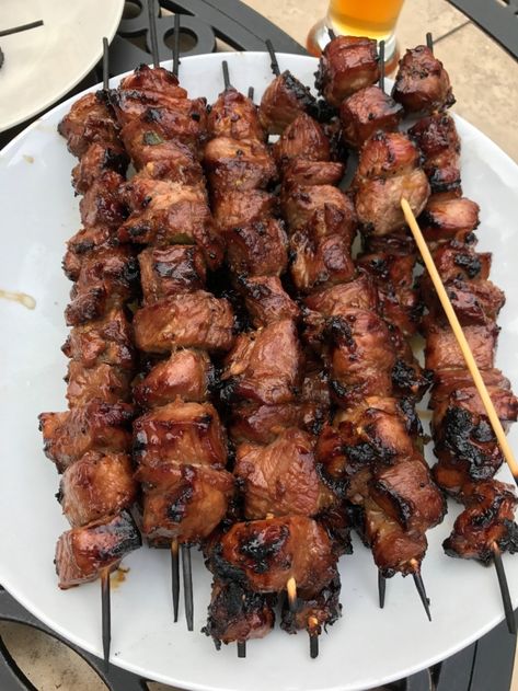 Essen, Pork Shoulder Recipes Asian, Shoulder Pork Recipes, Pork Skewers Marinade, Stretch Meals, Pork Receipts, Bbq Pork Skewers, Grilled Pork Skewers, Grilled Pork Shoulder