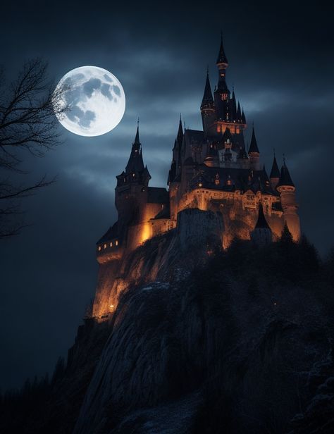 Dracula’s Castle in Transylvania. Click to get your art. Castles At Night, Dracula Castle Aesthetic, Dracula’s Castle, Draculas Castle Castlevania, Castles Paintings, Dracula Mansion, Transylvania Aesthetic, Castlevania Castle, Dark Fantasy Castle