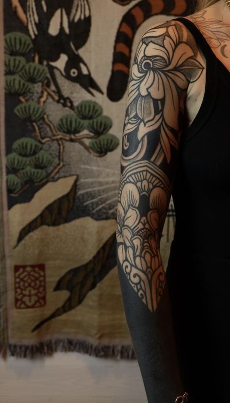 Henna Tattoo Cover Up, Neo Traditional Sleeve Black, Classic Sleeve Tattoo, Celestial Arm Tattoos For Women, Garden Theme Sleeve Tattoo, Non Floral Tattoos, Black Arm Tattoo Women, Ornamental Arm Sleeve, Coverup Tattoo Before And After