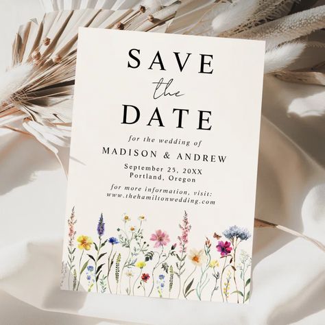 Elegant Wildflower Meadow Cream Wedding Save The Date Wildflower Save The Date, Rustic Bohemian Wedding, Meadow Wedding, Garden Chic Wedding, Blush Pink Wedding, Watercolor Wildflowers, Spring Wedding Invitations, Wildflower Meadow, Floral Save The Dates