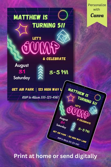 🌟 Ignite excitement with our Neon Jump Party Birthday Invitation! 🎉 Customize effortlessly with our digital template on Canva. Vibrant neon colors and eye-catching artwork set the perfect tone for a trampoline park extravaganza. 🤸‍♀️🎈 Shop now on Etsy and make your child's birthday unforgettable! #NeonJumpPartyInvitation #TrampolineParkBirthday #EditableInvitation #CanvaTemplate #VibrantColors #Etsy Jump Party Invitations, Jump Party, Park Birthday, Trampoline Park, Invitation Digital, Editable Invitations, Neon Colors, Party Birthday, Kids Birthday