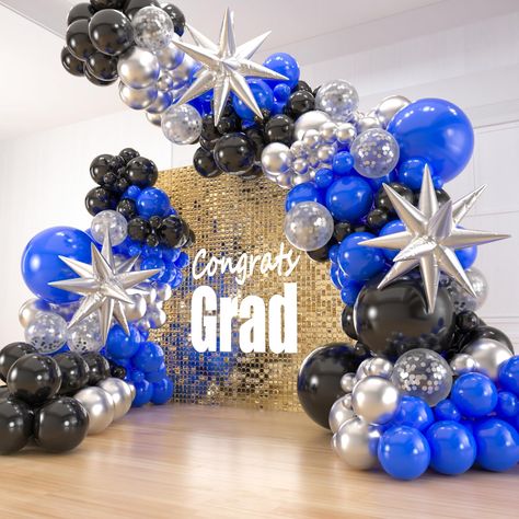 PRICES MAY VARY. PACKAGE INCLUDES : Black and blue balloons arch kit different size pack contains 141pcs in total, 3pcs starburst foil balloons, 4pcs x 18inch balloons(2pcs royal blue, 2pcs black), 40pcs x 12inch balloons(10pcs royal blue, 10pcs black, 10pcs metallic silver, 10pcs silver confetti balloons), 30pcs x 10inch balloons (10pcs royal blue, 10pcs black, 10pcs metallic silver), 60pcs x 5inch balloons(20pcs royal blue, 20pcs black, 20pcs metallic silver), 4pcs balloon tools. TIME-SAVING P Royal Blue And Silver Balloon Garland, Royal Blue Silver Black And White Decorations, Blue And Black Balloons, Royal Blue Decorations, Sixteen Wishes, Royal Blue Decor, Grad Party Theme, Blue Graduation Party, Silver Garland