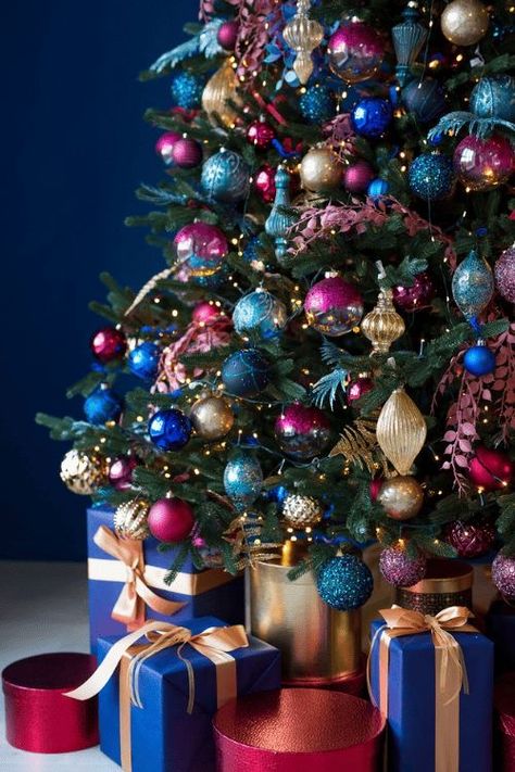 Christmas Tree Blue And Pink, Jewel Tone Palette Colour Schemes, Christmas Color Schemes 2023, Blue Red And Green Christmas Tree, Blue Advent Wreath, Christmas Themed Decorations, Blue Green Red Christmas Tree, Jewel Toned Christmas Tree, Jewel Tone Christmas Decor