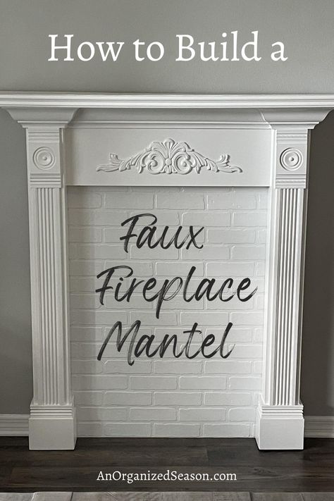 Fireplace Mantle Without Fireplace, Mantle Pieces Fireplace, Faux Mantle In Bedroom, Decorative Fireplace Mantel, How To Make A Fireplace Surround, How To Build A Faux Fireplace, Diy Vintage Mantle, Living Room Decor No Fireplace, Small Diy Fireplace