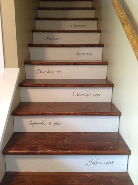 My staircase stencilled with dates that are significant to our family. Birthdays, anniversary, day we bought this house and as we grow we can add more as we go. Stair Stencils, Paint Stairs Diy, Cottage Stairs, Basement Craft Rooms, Staircase Decals, Stair Makeover, Step Design, Flooring For Stairs, Basement Bar Designs