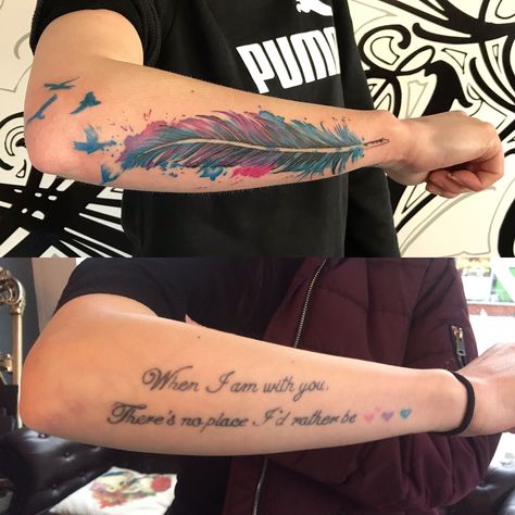 Tattoo Cover Up Words Before And After, Script Cover Up Tattoo, Word Tattoo Cover Up Ideas, Word Cover Up Tattoo, Cover Up Tattoos Before And After, Homemade Tattoos, Meaningful Tattoo Quotes, Tattoo Culture, Tattoo Parlor