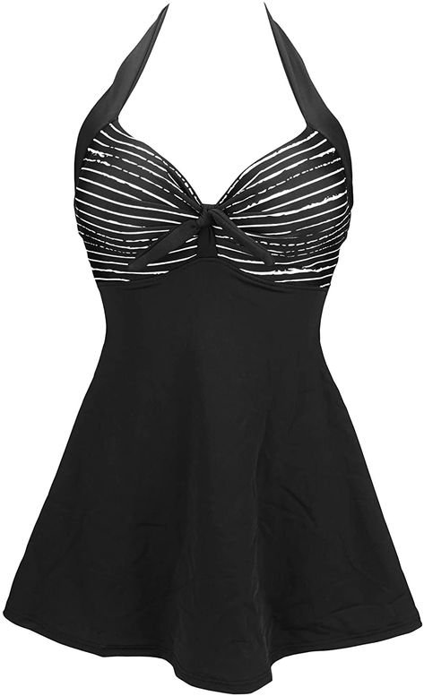 COCOSHIP Black Striated & White Balancing Act Splicing Vintage Sailor Pin Up Swimsuit One Piece Skirtini Cover Up Beachwear L(US10) at Amazon Women’s Clothing store Drawing Reference Clothing, Jins Top, Swim Wear Women, Goth Beach, Cover Up Beachwear, Sarong Swimsuit Cover, Retro One Piece, Pin Up Swimsuit, Swimsuits Women