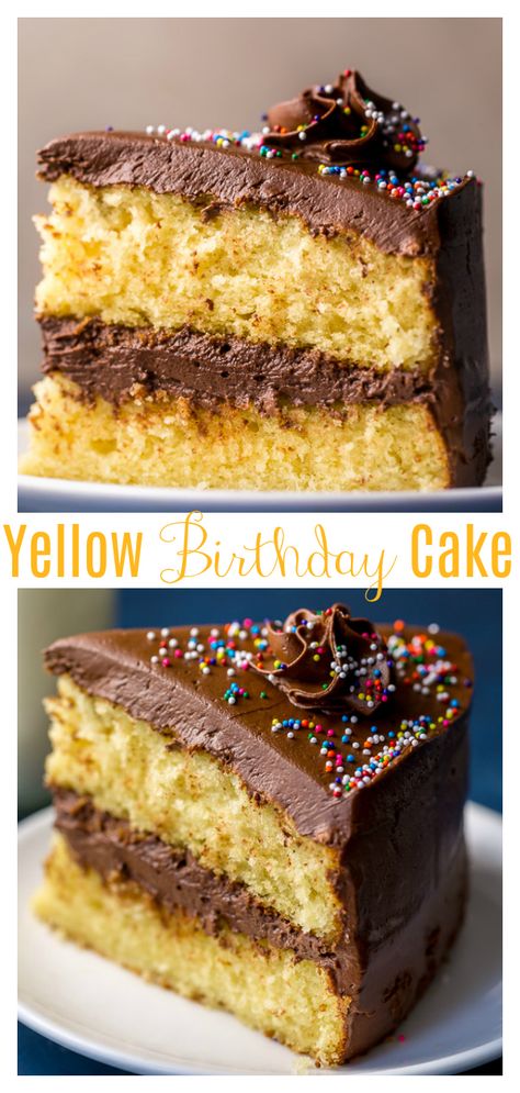 Yellow Birthday Cake, Creamy Chocolate Frosting, Moist Yellow Cakes, Yellow Cake Recipe, Yellow Birthday, Homemade Cake Recipes, Birthday Cake Recipe, Yellow Cake, Creamy Chocolate