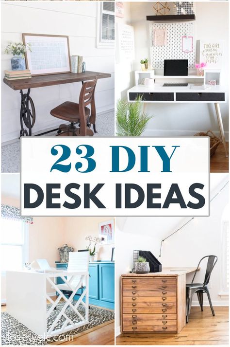 These 23 DIY desks include ideas for building your own desk, creating an IKEA hack desk, or refinishing an old desk to give it new life. There are lots of easy desks here that even a beginner can build on a small budget. Choose your favorite and create your new desk by the weekend! Ideas For Desks In Bedroom, Diy Home Desk Ideas, Handmade Desk Ideas, Upcycle Desk Ideas, Upcycled Desk Ideas, Wall Mounted Folding Table Diy, Make Up Desk Design, Desk Make, Home Office And Music Room