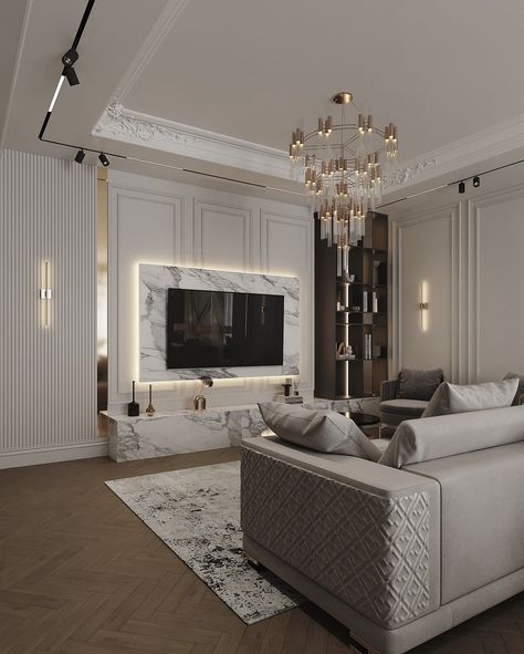 Neoclassical Tv Wall Design, Modern Italian Home, Bedroom Tv Unit Design, Victorian Bohemian Decor, Minimalist Fireplace, Home Decor Ideas Bedroom, Modern Tv Wall, Decor Ideas Bedroom, Tv Wall Decor