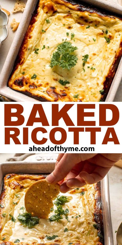 Ricotta Dip Recipes Desserts, Ricotta Bread Dip, Baked Ricotta Dip Appetizers, Oven Baked Cheese, Whipped Ricotta With Garlic And Herb Dipping Oil, Baked Ricotta Dip, Ricotta Cheese Dip, Roasted Garlic Whipped Ricotta, Ricotta Bake