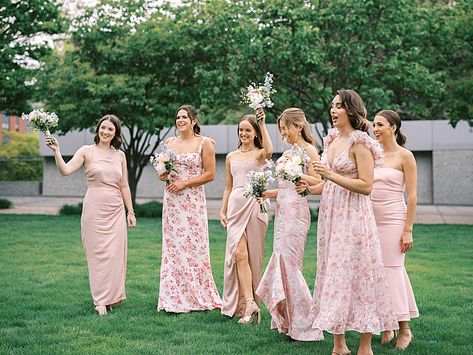 How to Coordinate Mismatched Bridesmaid Dresses | Bethany McNeill Pale Pink Bridesmaid Dresses, Mismatched Dresses, Patterned Bridesmaid Dresses, Iowa Wedding, Floral Bridesmaid Dresses, Mismatched Bridesmaids, Mismatched Bridesmaid Dresses, Floral Bridesmaid, Wedding 2025