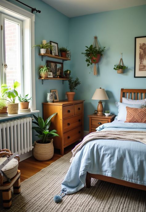 Light Blue Boho Bedroom Blue Room Green Accents, Light Blue Small Bedroom, Modern Coastal Bedroom Ideas Blue, Light Blue Bedroom Paint Colors, Earthy Blue Bedroom, Light Blue And Brown Bedroom, Warm Wood Bedroom, Blue Green Bedroom Ideas, Light Teal Bedroom Ideas