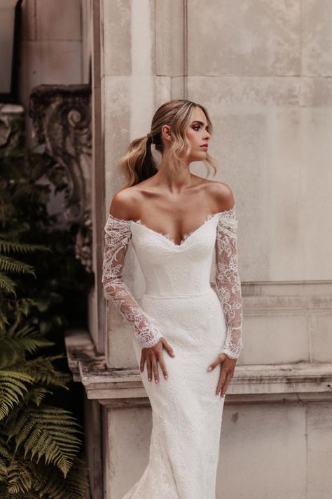 Suzanne Neville Stravinsky.                          <p><strong>This gown is priced from £4399 without the sleeves </strong></p> <p> </p> <p><strong>This gown is priced from £5299 with the sleeves</strong></p> <p> </p> <p>Our sample is a UK14</p> Suzanne Neville Wedding Dresses, Glasgow Wedding, Long Lace Sleeves, Wedding Atelier, Suzanne Neville, Elegant Gowns, Wedding Dress Shop, London College Of Fashion, Fit And Flare Wedding Dress