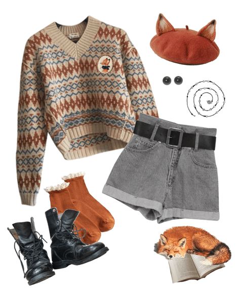 Fox Themed Outfit, Fox Aesthetic Outfit, Animal Themed Outfits, Fox Outfit Aesthetic, Fox Therian Outfits, Fox Inspired Outfit, Cabincore Outfit, Therian Clothes, Wintercore Outfits