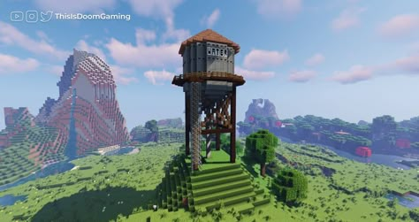 Minecraft Water Tower Ideas, Elytra Tower Minecraft, Minecraft Water Tower, Water Wheel Minecraft, Minecraft Lookout Tower, Bell Minecraft, Minecraft Bell Design, Minecraft Bell Tower, Minecraft Water Wheel