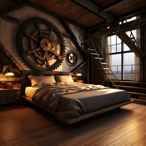 Steampunk Bedroom Aesthetic, Punk Aesthetic Room, Steampunk Room, Steampunk Interior Concept Art, Steam Punk Bedroom, Steampunk Bed, Punk Bedroom Aesthetic, Steampunk Bedroom Concept Art, Steam Punk Aesthetic