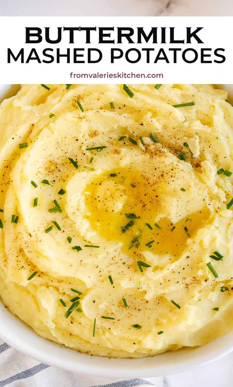 Yukon gold potatoes and buttermilk combine to create these rich and creamy Buttermilk Mashed Potatoes. Perfect for the holidays or any day! #mashedpotatoes #buttermilk #potatoes #sidedish #thanksgiving #christmas #holidaymenu Tasty Potato Recipes, Buttermilk Mashed Potatoes, Make Ahead Mashed Potatoes, Dishes Ideas, Gold Potatoes, Buttermilk Recipes, Making Mashed Potatoes, Onion Gravy, Yukon Gold