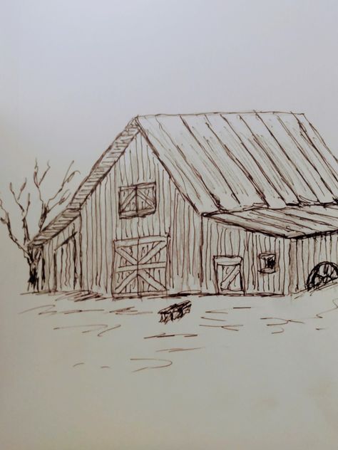 Farm Drawing Easy, Country Drawings Easy, Buildings Collage, Farmhouse Drawing, Farm Sketch, Barn Drawing, Wood Burning Crafts, Point Perspective, Farm Art