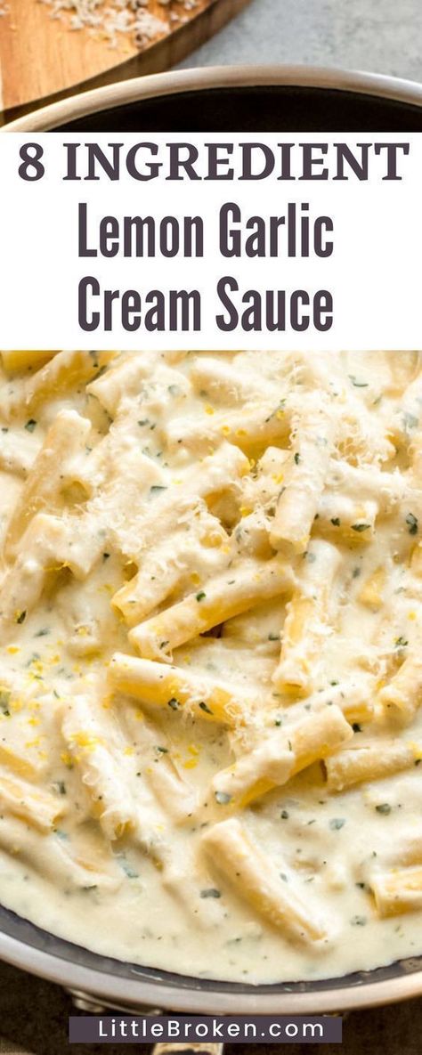 This lemon garlic cream sauce recipe comes together with only 8-ingredients! It’s delicious with pasta or as a base for many other dishes. Garlic Cream Sauce Pasta, Lemon Cream Sauce Pasta, Garlic Cream Sauce Recipe, Lemon Garlic Cream Sauce, Pasta With Lemon Sauce, Lemon Pasta Recipes, Cream Sauce For Chicken, Lemon Garlic Pasta, Lemon Garlic Sauce