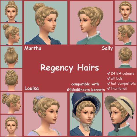 Regency Hairs This was originally going to be just one hair but I saw @gilded-ghosts‘s wip regency bonnets wanted to make sure they would fit. They were kind enough to send the meshes over and I only... 1890s Hair, Regency Hair, Sims 4 Cc Hair, Sims 4 Decades Challenge, Victorian Hairstyles, Sims 4 Mm Cc, Free Sims, Sims 4 Mm, Sims4 Clothes