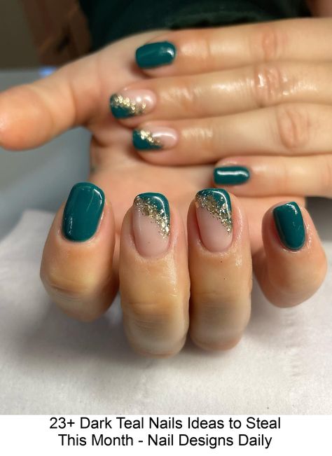 Do you love the look of dark teal nails? Are you wondering what nail design style should you go for? #green #nail #design Teal Sparkle French Tip Nails, Nail Color For Teal Dress, Teal Wedding Nails For Bridesmaid, Teal Nail Inspo Short, Teal Colour Nails, Teal Green Nail Ideas, Teal Floral Nails, Stage Green Nails, Teal Nail Ideas Short