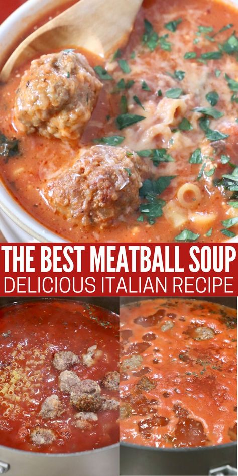 Make THE BEST Italian Meatball Soup with simple homemade meatballs, pasta and a creamy tomato broth. This incredibly flavorful soup recipe is easy to make in one pot in just 25 minutes! Meatball Soup Crockpot, Easy Meatball Soup, Mini Meatball Soup, Slow Carb Recipes, Easy Italian Meatballs, Meatballs Pasta, Italian Meatball Soup, Meatball Soup Recipes, Italian Meatball