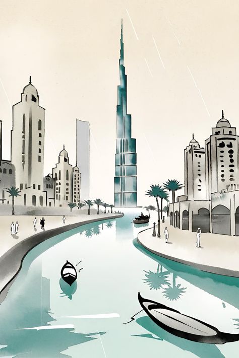 Dubai Illustration Art, Dubai Artwork, City Scape Art, Illustrator Video, Dubai Art, City Scapes, School Images, Islamic Art Pattern, Dubai City