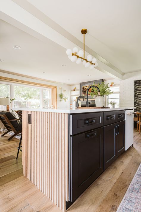 Kitchen Design Light Wood, Modern Kitchen Design Light, Wood Slat Kitchen Island, Wood Slat Kitchen, Slab Cabinets, Floor Kitchen, One Room Challenge, Room Challenge, Dining Nook