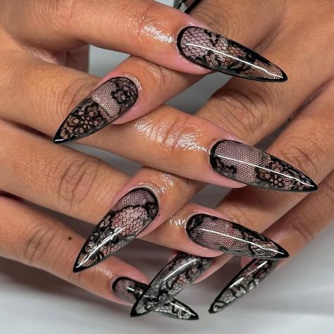 Enchanting Black Lace Nails: A Fusion of Mystery and Elegance | ND Nails Supply Leather And Lace Nails, Lace Nails Black, Black Lace Nails Designs, Lace Design Nails, Red Lace Nails, Stylish Nails Black, Lace Nails Designs, Halloween Wedding Nails, Edgy Black Nails