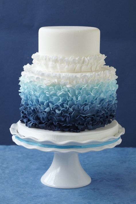 Ombre Wedding Cake, Beach Themed Cakes, Wedding Cake Ombre, Beach Wedding Colors, Ombre Wedding, Beach Wedding Cake, Ombre Cake, Ruffle Cake, Wedding Cakes Blue