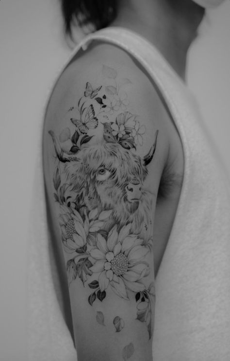 Cow Print Tattoo Sleeve, Cow Shoulder Tattoo, High Land Cow Tattoo, Highland Cow Flower Tattoo, Farm Animals Tattoo Ideas, Black And White Cow Tattoo, Cow Tattoo For Women, Hereford Cow Tattoo, Cow Sleeve Tattoo