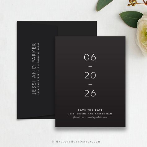 Modern Minimal White Ink Save the Date, Printed Black & White save the date, Printed Save the Date, Navy Save the Date, Navy Paper White Ink Modern Black And White Save The Date, Black Save The Date Ideas, Save The Date Ideas Black, Black And White Save The Date, Dark Wedding Invitations, Black Save The Date, Spreadsheet Design, Edgy Wedding, Dream Wedding Decorations