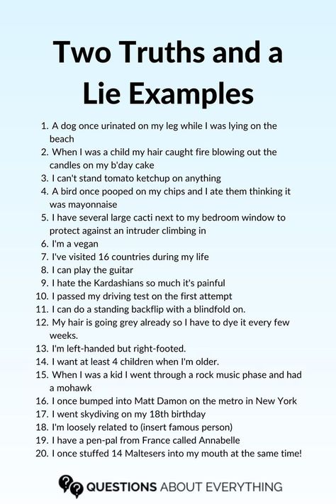 list of 20 two truths and a lie examples Fun Question Games, 2 Truths And A Lie, Conversation Games, Quizzes And Answers, Question Games, Two Truths And A Lie, Games To Play With Friends, Truth Or Truth Questions, Conversation Starter Questions