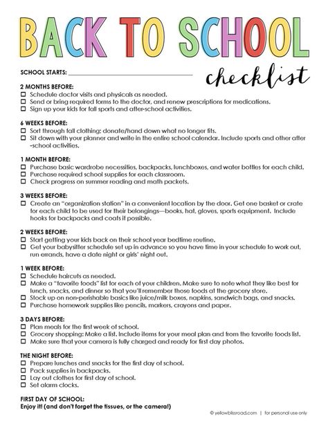 Free Printable Back to School Checklist - Yellow Bliss Road Yellow Bliss Road, Back To School Checklist, School Checklist, Back To School Organization, Back To School Hacks, School Supplies List, School Printables, Grammar School, Back 2 School