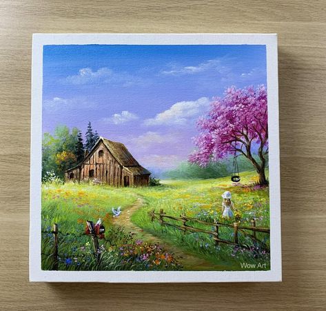 House Scenery Painting, Acrylic Painting Canvas Nature, Acrylic House Painting, Painting Ideas On Canvas Landscapes, Sumer Landscape, Poster Color Painting, Drawing Scenery, Little House On The Prairie, Acrylic Landscape