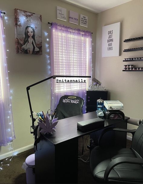 Nail Tech Office Ideas, Nail Station In Bedroom, Nail Tech Bedroom Ideas, Black And White Nail Tech Room, Nail Tech Room Ideas Black, Nail Salon In Bedroom, Nail Room Inspo Black, Diy Nail Room Ideas, Black Nail Room Aesthetic