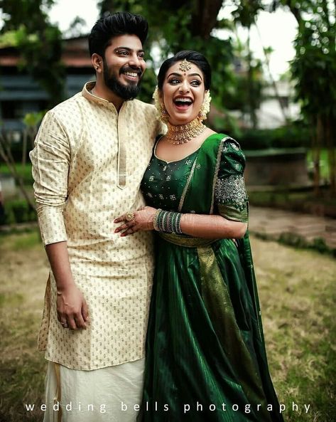 Colour coordinated wedding dress ideas | Engagement Dress Kerala, Kerala Outfits, Kerala Engagement Dress, Engagement Dress For Groom, Functional Dress, Engagement Dress For Bride, Kerala Wedding Photography, Wedding Dresses Men Indian, Kerala Bride