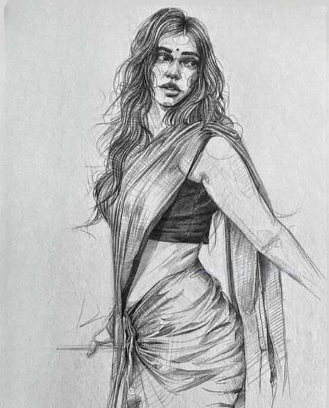 Indian woman who is the example of beauty 😍 Indian Women Sketch, Saree Drawing, Women In Saree, Pencil Art Love, Women Sketch, Figurative Art Painting, Drawing Scenery, Samurai Tattoo Design, Abstract Pencil Drawings