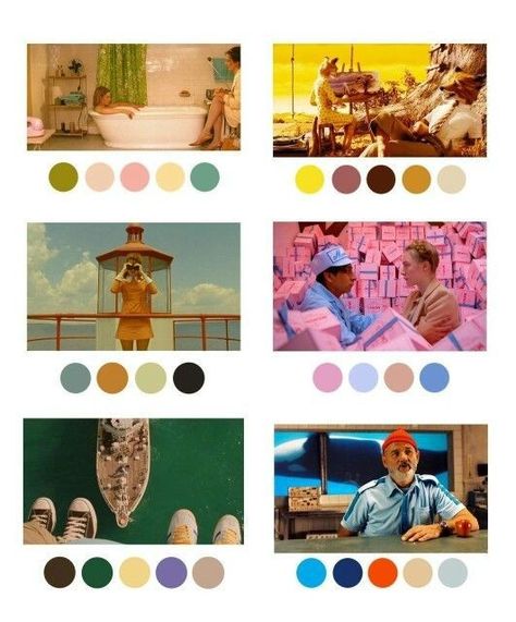 Color Palette Photography, Wes Anderson Color Palette, West Anderson, Wes Anderson Aesthetic, Wes Anderson Style, Movie Color Palette, Wes Anderson Movies, Wes Anderson Films, Color Script