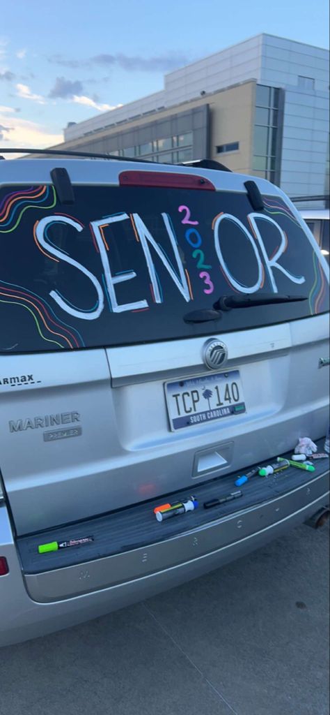 Senior Vehicle Decoration, Graduating Car Decoration, Class Of 2023 Car Decorating, Senior Car Marker Ideas, Senior Parade Poster Ideas, Senior 2024 Car Paint, Decorated Senior Cars, Senior Car Paint 2024, Senior Year Car Paint 2024