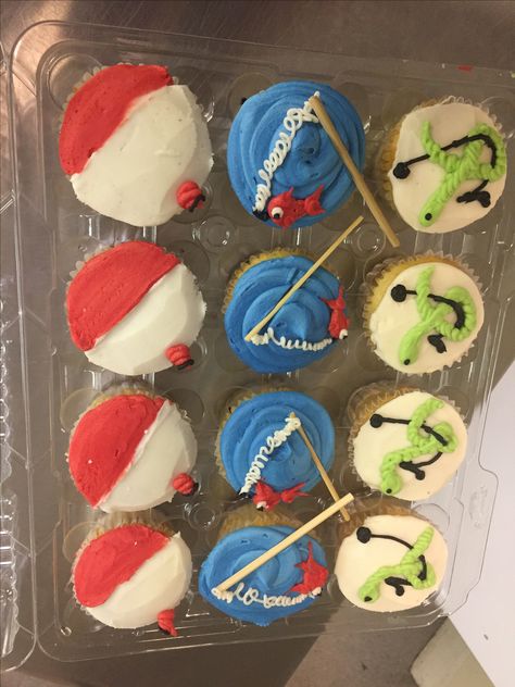 Fishing Party Cupcakes, Lake Cupcake Ideas, Fishing Bobber Cupcakes, Fishing Cupcake Ideas, Fishing Cupcakes Boy Birthday, Fishing Cupcake Cake, Fishing Theme Cupcakes, Ofishally One Cupcakes, Fishing Birthday Cupcakes