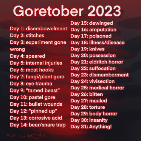 Funny Art Prompts, Goreoctober Challenge, October Writing Prompts 2023, October Art Prompts 2023, Ink Tober Prompts 2023, Gore Prompts Writing, How To Write Good Gore, Horror Drawing Prompts, Intestines Drawing Reference Gore