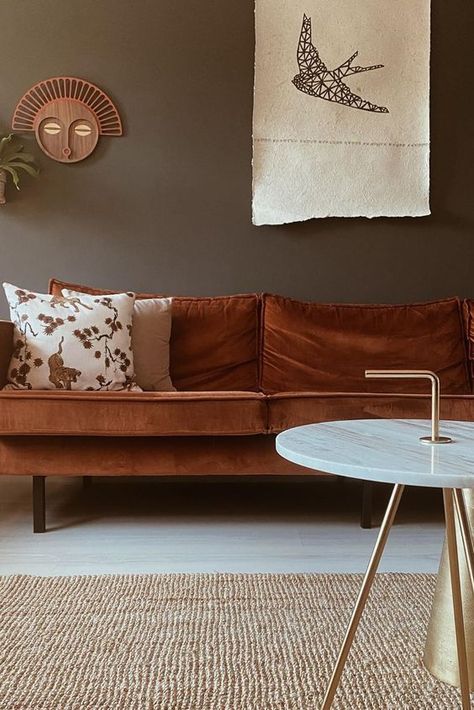 Rust Color Trend and How to Use It in Interiors | SampleBoard Brown Walls Living Room, Velvet Sofa Living Room, Brown Sofa Living Room, Color Palette Living Room, Sofa Inspiration, Brown Couch, Pink Living Room, Brown Walls, Style Deco