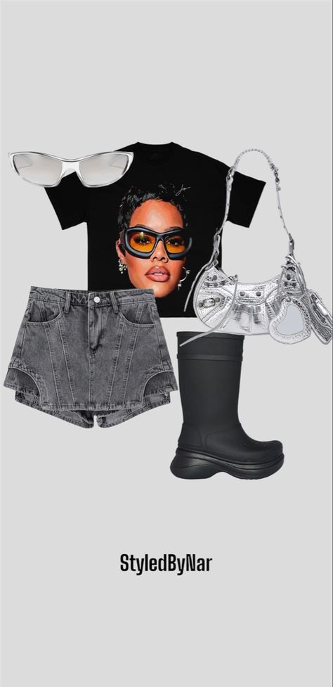 Black And Silver Baddie Outfit, Silver Balenciaga Bag Outfit, Black And Silver Outfits Black Women, Balenciaga Boots Outfit Black Women, Silver Purse Outfit Black Women, Black And Silver Outfits For Women, Silver Boots Outfit Black Women, Balenciaga Boots Outfits, Silver Purse Outfit