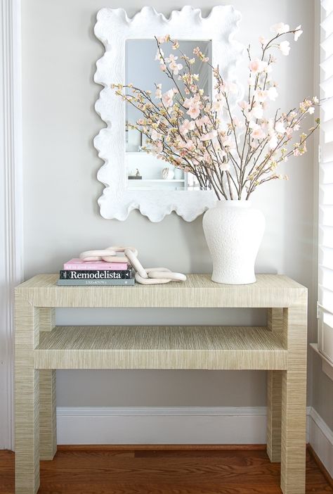 Grasscloth Wrapped Table – DIY for under $60 Ikea Dressing Table, Diy Console, Diy Console Table, Window Benches, How To Hang Wallpaper, Ikea Pax, Wall Molding, Grasscloth Wallpaper, Coastal Chic