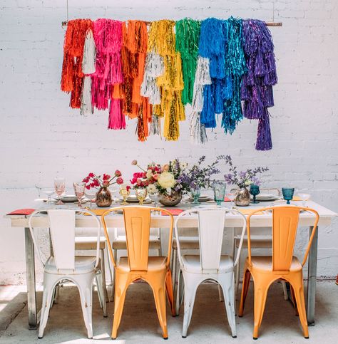 Grab a Seat at the Table + Celebrate Pride! | Green Wedding Shoes Pride Table Decor, Pride Photo Booth, Wedding Streamers, Hanging Installation, Installation Ideas, Pride Party, A Seat At The Table, Seat At The Table, Theme Inspiration