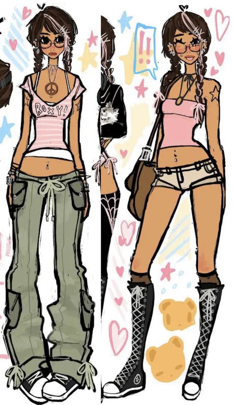 How To Draw Y2k Clothes, Artsy Y2k Outfits, Y2k Fashion Drawing, Bodies To Draw, Picklegrrl Art, Swag Art Style Y2k Drawing, Y2k Character Design, Y2k Outfits Drawing, Picklegrl Art